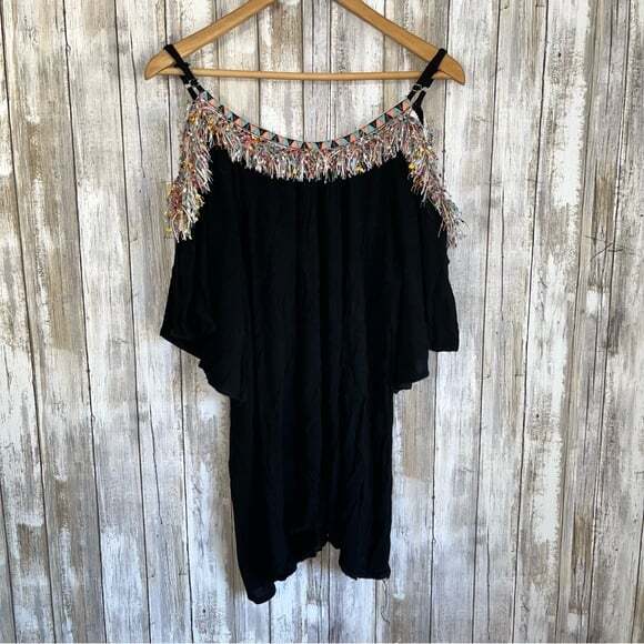 Boutique Tops - Velzera Open Shoulder Colorful Fringe Top Blouse